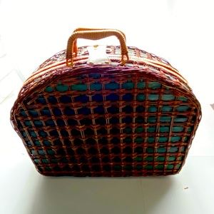 Material lined basket with latch.  Picnic basket or for storage. Green & brown